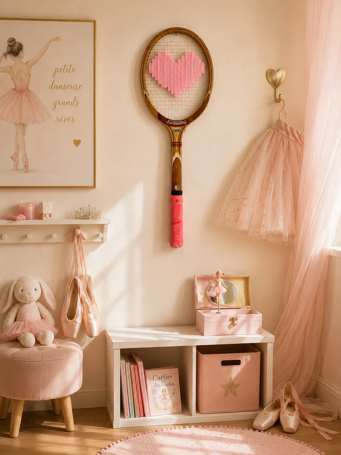 Raquette vintage au cœur rose brodé dans une chambre d'enfant rose décorée autour des ballerines
