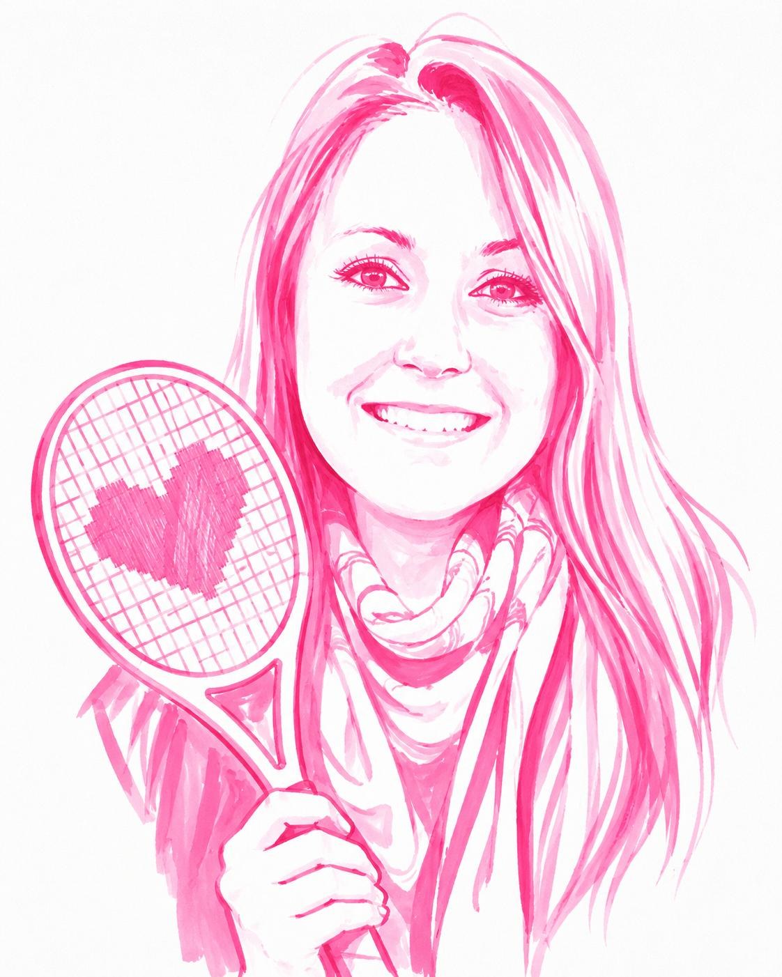 Portrait illustré de Charlotte tenant une raquette brodée