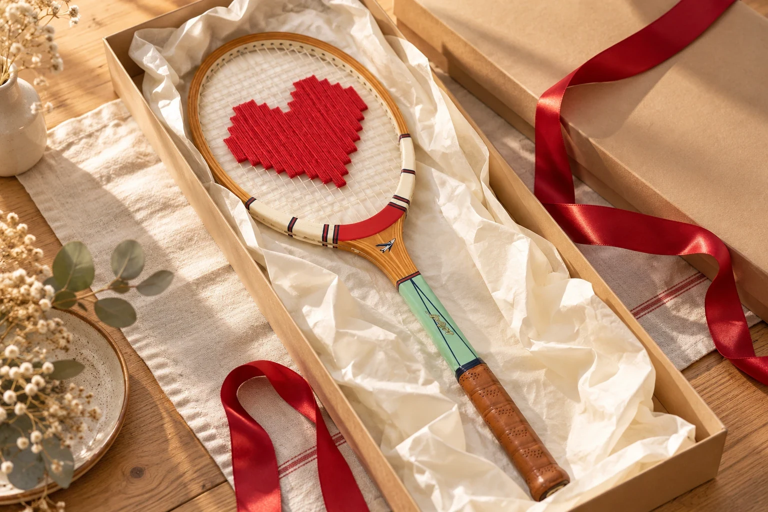 Raquette vintage au cœur rouge brodé, présentée dans une boîte cadeau en kraft avec un ruban rouge